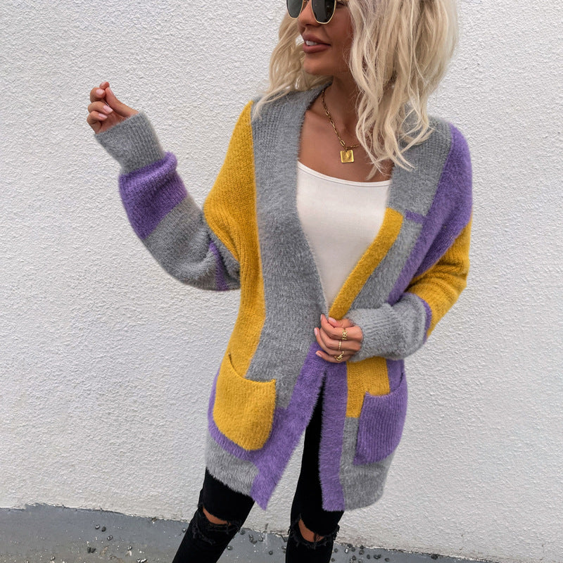Women Cardigan Knit Sweater Irregular Block Stitching Contrast Color Cardigan