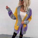 Women Cardigan Knit Sweater Irregular Block Stitching Contrast Color Cardigan