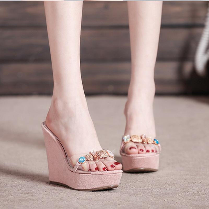 High Heels Slippers Summer Waterproof Platform Transparent Peep-Toe Slippers Women