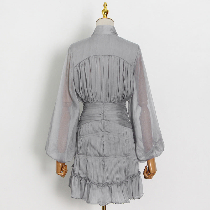 Coachella Music Festival Outfits Chiffon Skirt Single Row Buckle Pleated Patchwork Puff Sleeve Sheath