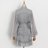 Coachella Music Festival Outfits Chiffon Skirt Single Row Buckle Pleated Patchwork Puff Sleeve Sheath