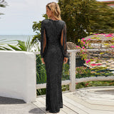 Long Sleeve Burgundy Dress Formal V-neck Long Sleeve Sequined Mop Dress
