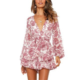 Coachella Music Festival Outfits Printed V-neck Loose Sleeves Belt Double-Layer Pleated Mini Jumpsuit