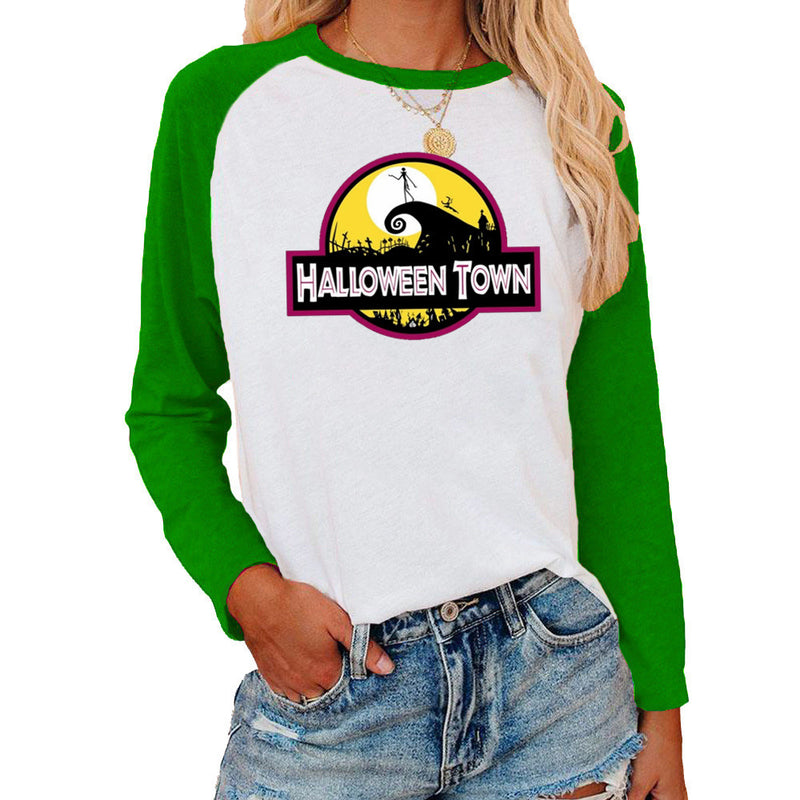 Halloween Costumes Halloween Pattern Printed Raglan Color Contrast Long Sleeve T-shirt Women