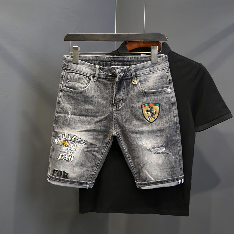 Men Denim Shorts Summer Thin Slim Cropped Pants Ripped Eagle Head Embroidery