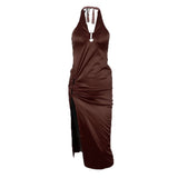 Taffeta Dress Elegant High Slit Long Dress Sexy Backless Halter Dress
