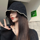 Women Bucket Hat Straw Hat Sun-Proof Hollow Breathable