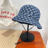 Vintage Check Bucket Hat Denim Flat Top Foldable Soft Brim Bucket Hat