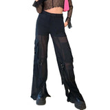 Julia Fox Low Rise Jeans Breathable Mesh Yarn False Two Pieces D-Shape Button Decorative Ribbon Split