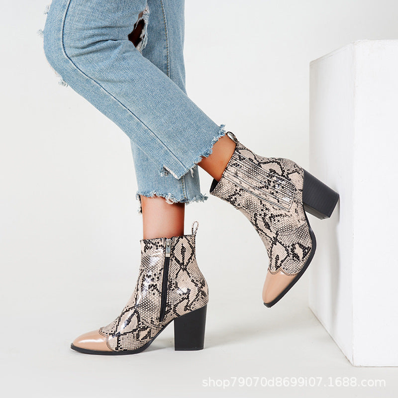 Python Boots Women's Shoes Autumn Winter Assorted Colors Snake Pattern Dr. Martens Boots Thick High Heel