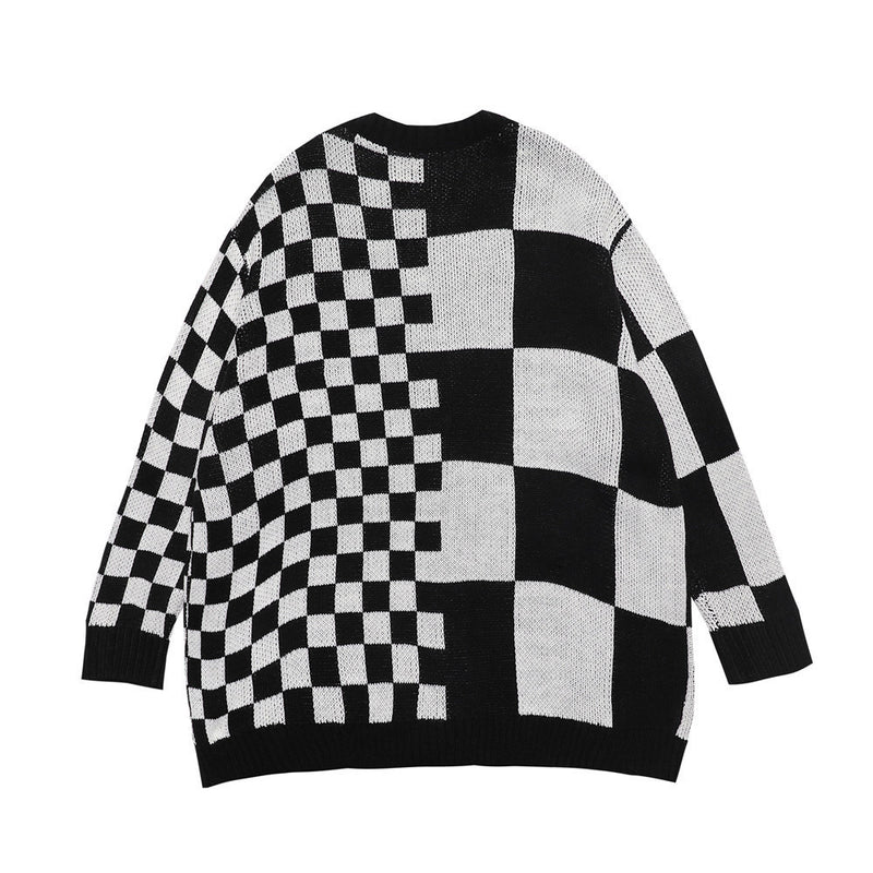 Men Sweater Irregular Color Matching Plaid Knitwear Men's Loose Collar Sweater