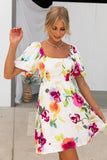 Nine Britton Dress Sweet Floral Printed Square Collar Puff Sleeve Waist-Controlled Large Hem