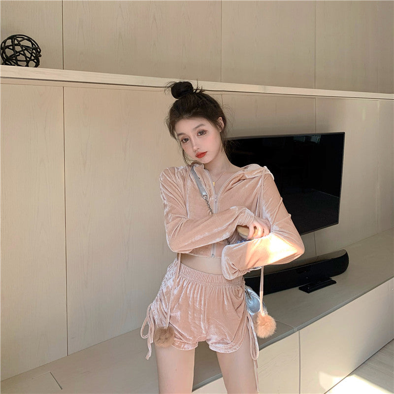 Velour Tracksuit Autumn and Winter Velvet Hooded Zipper Sweatshirt Drawstring Shorts Suit Two-Piece Set for Women