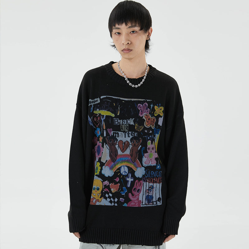 Men Sweater Cartoon Fun Printed Knitwear Men's Street Trend Loose round Neck Sweater