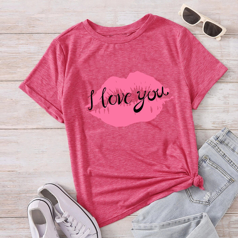 Valentine's Day T Shirts Couples Autumn I Love You Lips Cotton Pullover Short Sleeve T-shirt