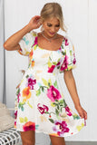 Nine Britton Dress Sweet Floral Printed Square Collar Puff Sleeve Waist-Controlled Large Hem