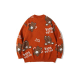 Man Fall Outfits Cartoon Bear Pattern Sweater Men's Loose Couple Pullover Casual Sweater