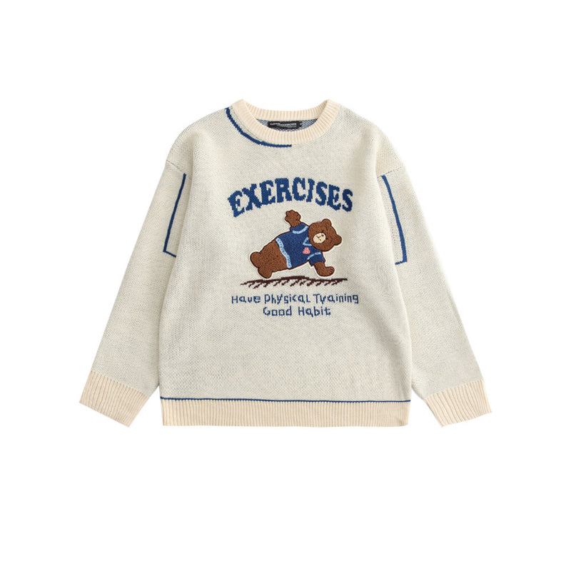 Men Sweater Cartoon Bear Embroidery Sweater Men's Street Trend Loose round Neck Sweater