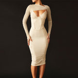 Maxi Burgundy Dress Formal Winter Women's Solid Color Long Sleeve Slim Fit Fashion Sexy Dress