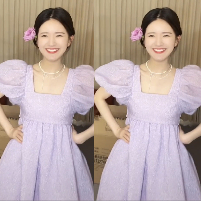 MIDI Mauve Wrap Dress Purple Puff Sleeve Pettiskirt Square Collar Dress Summer