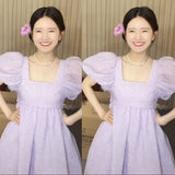 MIDI Mauve Wrap Dress Purple Puff Sleeve Pettiskirt Square Collar Dress Summer