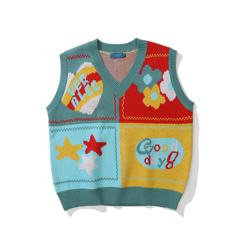 Men Sweater Creative Pattern Contrasting Color Jacquard Knitted Waistcoat for Men