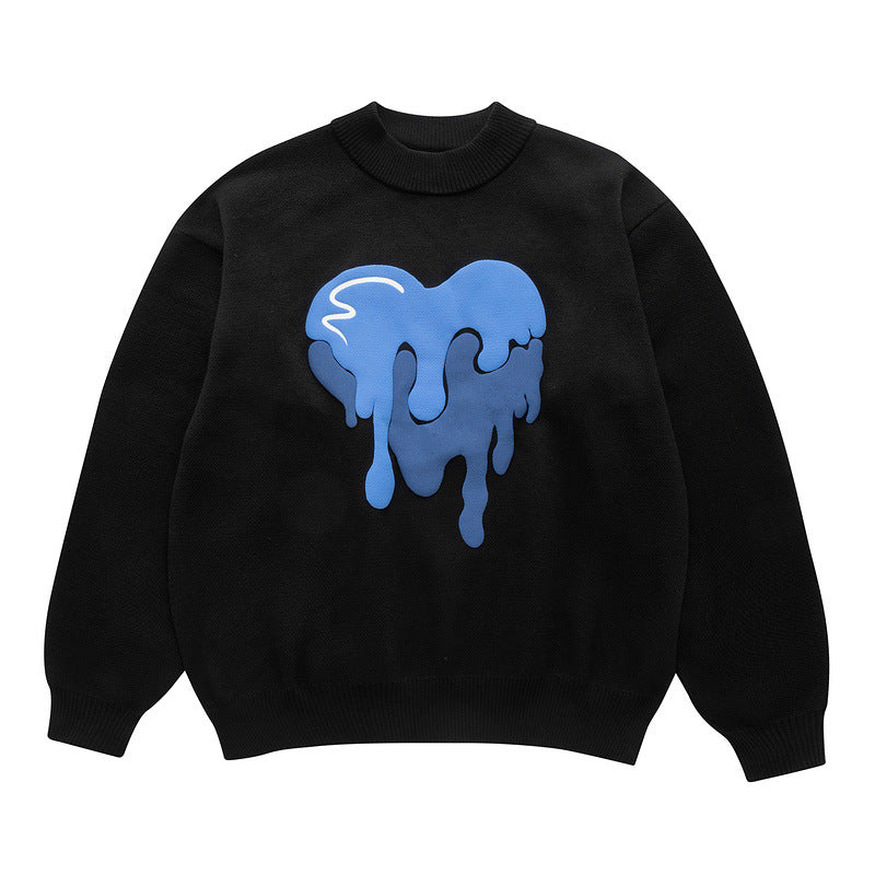 Man Fall Outfits Retro Loose Heart Printing round Neck Sweater Men's and Women's Coat