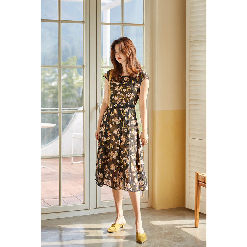 Gloria Vanderbilt Cut Flower Print High Waist Swing Dress