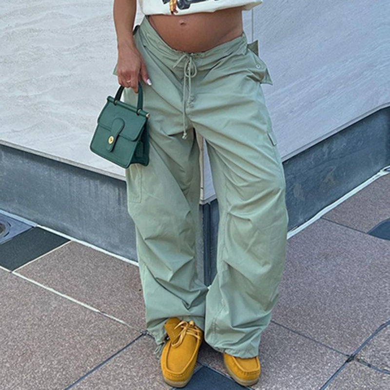 Julia Fox Low Rise Jeans Sports Style Casual Wide Leg Woven Pants Low Waist Lace-up Side Pocket Slimming Straight Pants