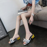 Women Open Toe Sandals Flats Summer Fashionable Chunky Heel Polka Dot Bow Sandals