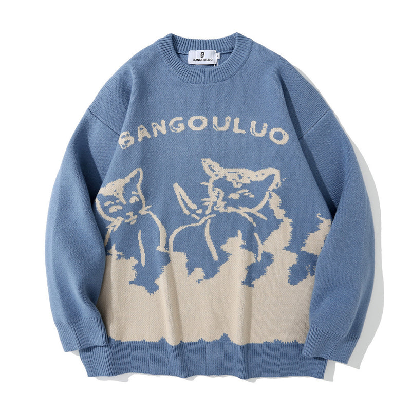 Men Sweater Cartoon Jacquard Sweater Men's Fashion Brand round Neck Sweater Pullover