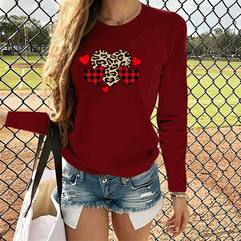 Valentine's Day T Shirt Solid Color Long Sleeve Heart Printing Casual