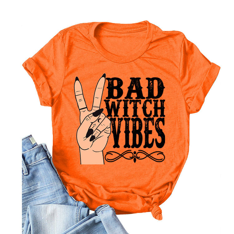 Halloween Costumes Bad Witch Vibe Shirt Pullover Simple Printed Crew Neck Top T-shirt Loose Short Sleeve