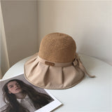 Women Bucket Hat Bowknot Sunshade Hollow-out Straw Hat
