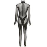 Fall Women's Clothing Sexy Mesh See-through Slim Fit Patchwork High Waist One-Piece Trousers
