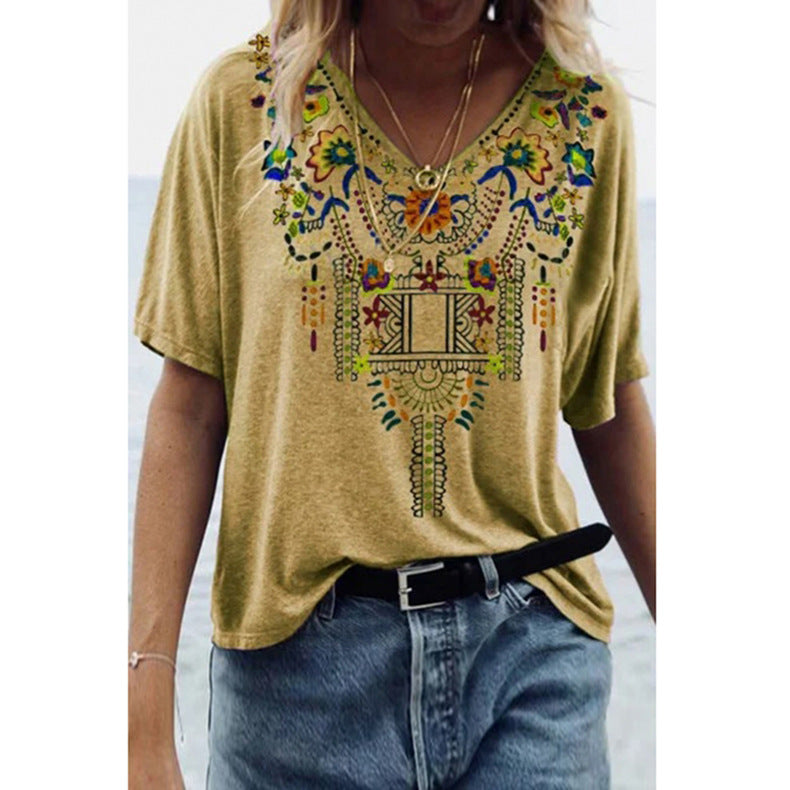 Modern Gypsy Outfits Romanian Gypsy Outfits Amazon Wish Independent Station Best Selling Women's Clothes 2021 Spring and Summer New Printed Ethnic Style V-neck Short Sleeve T-shirt