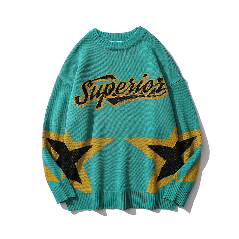 Men Sweater Letter Jacquard round Neck Sweater Men's Trendy Pullover