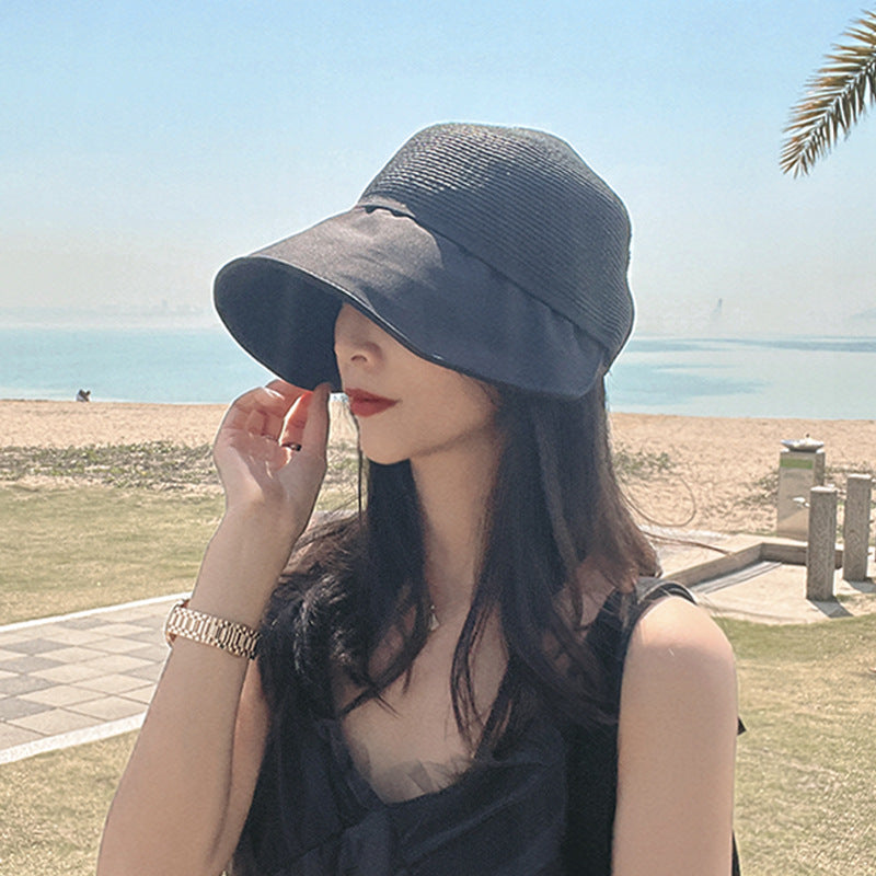 Women Bucket Hat Straw Hat Splicing Sun Protection Hat