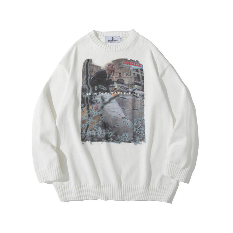 Men Sweater Character Printed Sweater Men's Loose round Neck Sweater Trendy Pullover