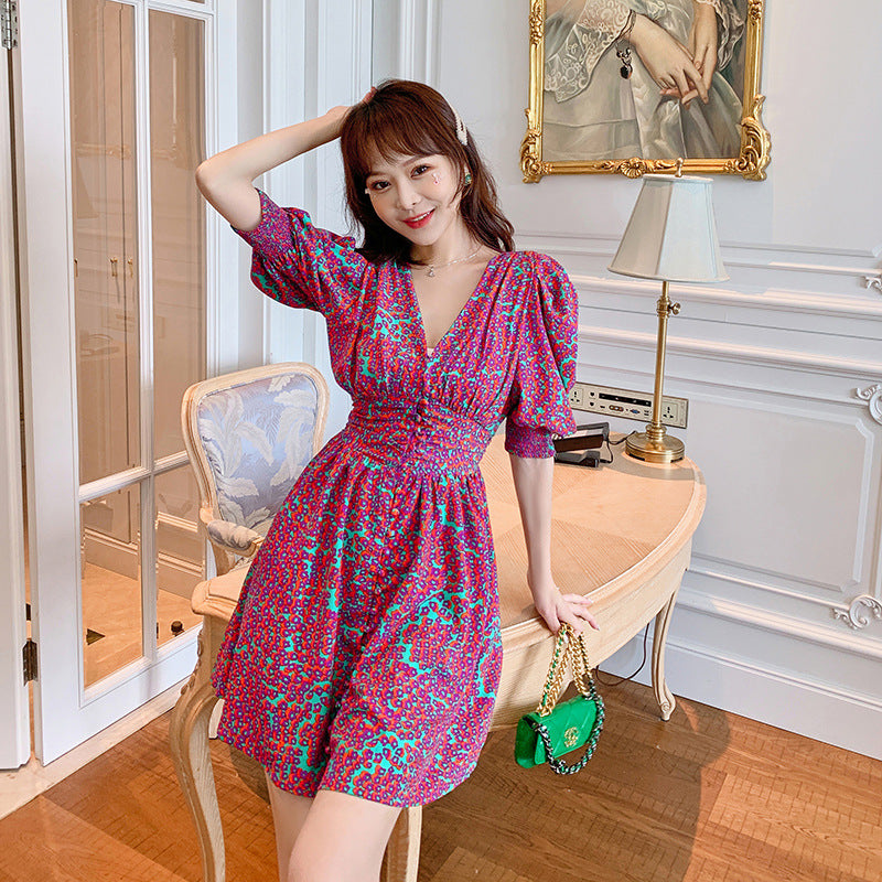 MIDI Mauve Wrap Dress French Style Vintage Floral Dress Women Summer V-neck Skirt