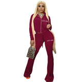 Velour Tracksuit Sexy Letters Embroidery Exposed Navel Bell-Bottom Pants Two-Piece Suit