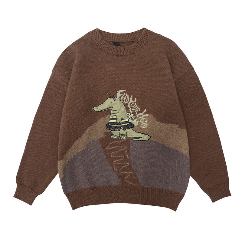 Men Sweater Cartoon Crocodile Paste Cloth Embroidery Sweater Men's Loose round Neck Sweater Retro
