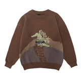 Men Sweater Cartoon Crocodile Paste Cloth Embroidery Sweater Men's Loose round Neck Sweater Retro