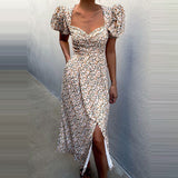 Kendall Jenner Wedding Guest Dress Sexy Floral Wrapped Chest Casual Puff Sleeve V-neck