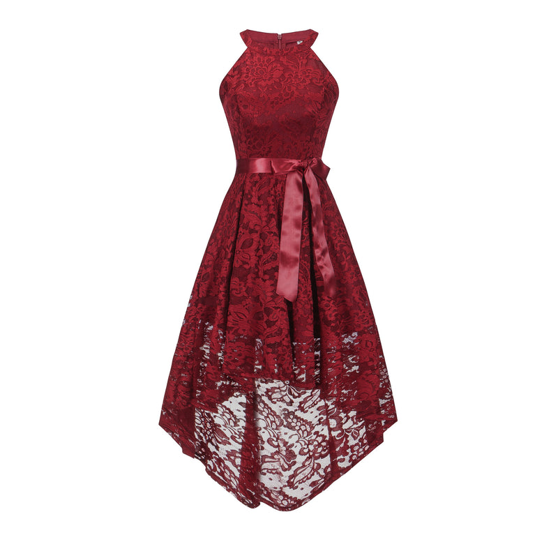 Burgundy Dress Formal Lace Swing Dovetail Evening Dress Belt Slim Dress