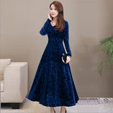 Blue Velvet Dress Pleuche Long Sleeve Swing Skirt