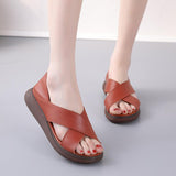 Highway Flat Sandals Summer Thick-Soled Leather Vintage Peep Toe Fashion Platform Height Increasing Wedge Sandals