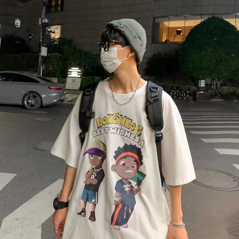 Men T-Shirts Letter Printed round Neck Loose