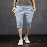 Men Denim Shorts Summer Thin Slim Cropped Pants Ripped Eagle Head Embroidery