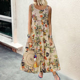 Gypsy Style Dresses Fresh Printed Pastoral Style round Neck Sleeveless Stitching